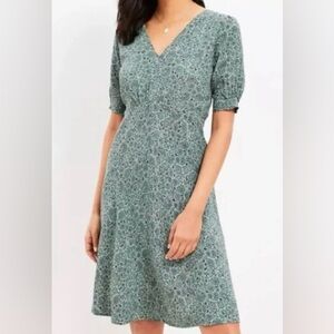 LOFT Teal Patterned Midi Dress, A-line, V-neck, Puff sleeves